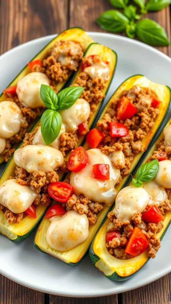 Stuffed 8-ball zucchini boats filled with ground turkey and cheese, garnished with basil on a wooden table.